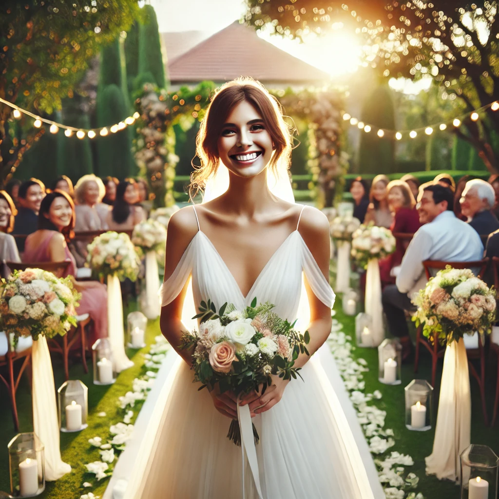 A serene bride walking down the aisle, smiling and holding a bouquet, surrounded by floral decor and guests.