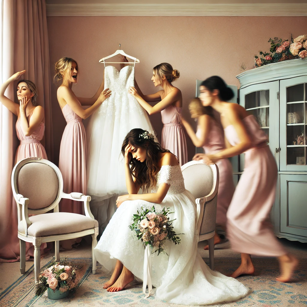 A stressed bride sitting in a bridal suite while bridesmaids rush around with dresses and makeup tools.